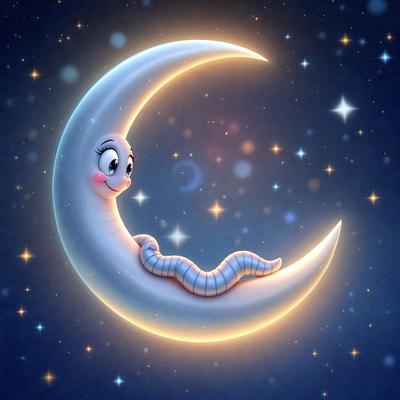 The primary subject of the image is a cartoon character, specifically a character that resembles a snake or a long-tailed creature, sitting on a crescent moon. The setting is a night sky, with the moon and stars as the background. The visual style is a digital art or illustration, as the character is depicted in a whimsical and imaginative manner. The colors and mood of the image are predominantly warm and inviting, with the moon and stars adding a sense of tranquility